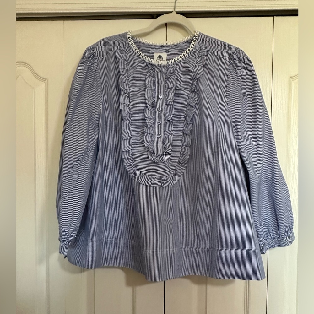J. Crew Striped Ladies Blue and White Striped Ruffle Blouse